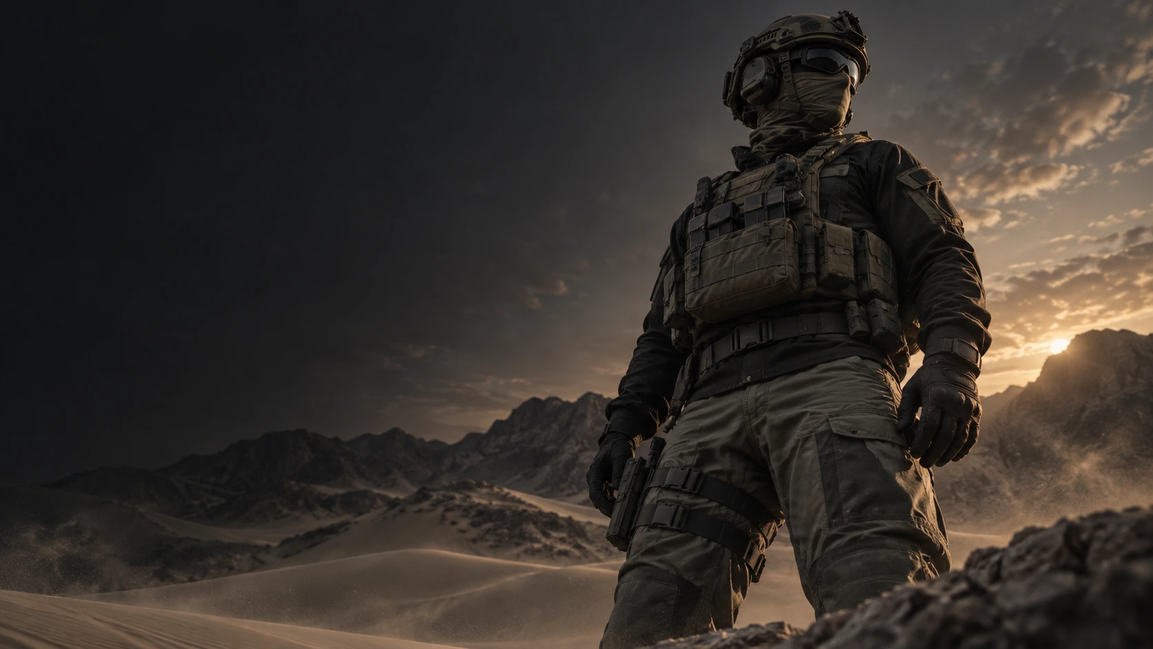 Operador de airsoft num deserto, visto de uma perspetiva baixa